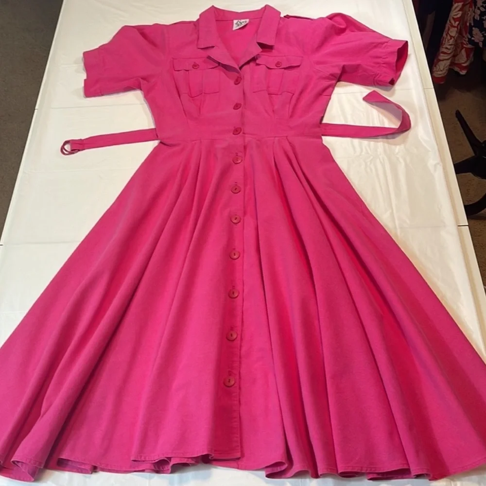 Authentic 80s Byer Too Raspberry Pink Belted Shirtdress with Full Circle Skirt - Picture 1 of 11